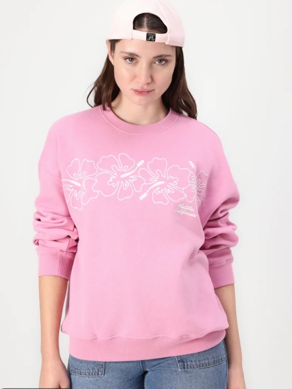 Malibu Pink Floral-Outline Oversized Crew Sweatshirt size small